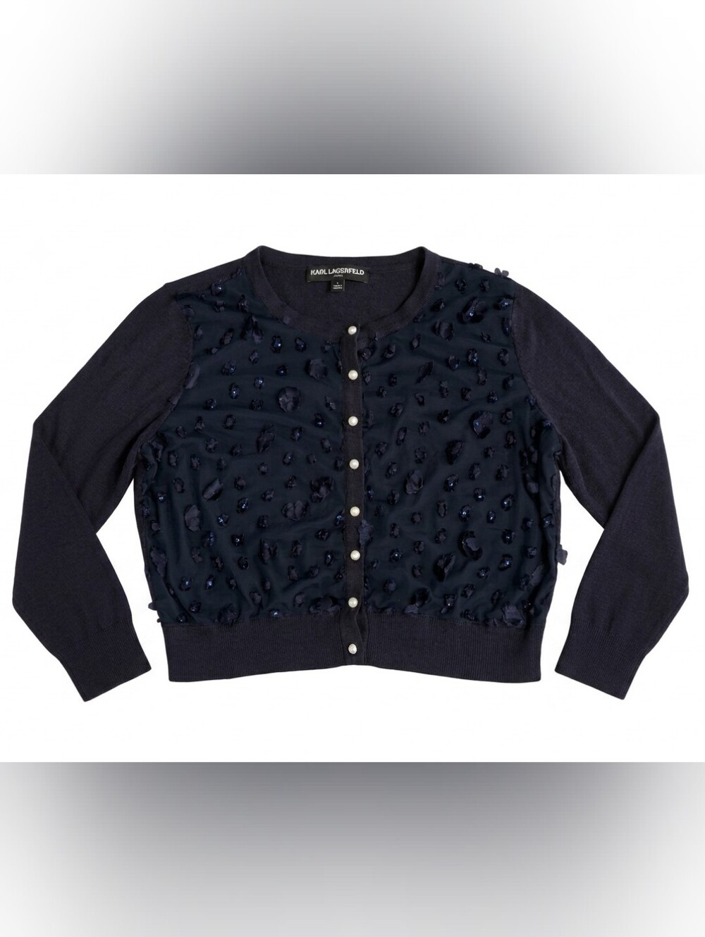 KARL LAGERFELD PARIS Navy Cardigan Sweater 3D Rosette Beaded Pearl Buttons L